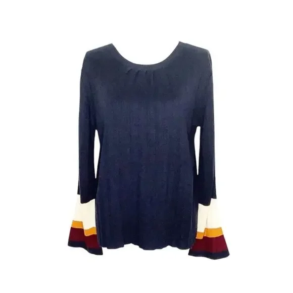 Cliche Navy Pleated Bell Sleeve Sweater Striped Cuffs Medium - Picture 2 of 7